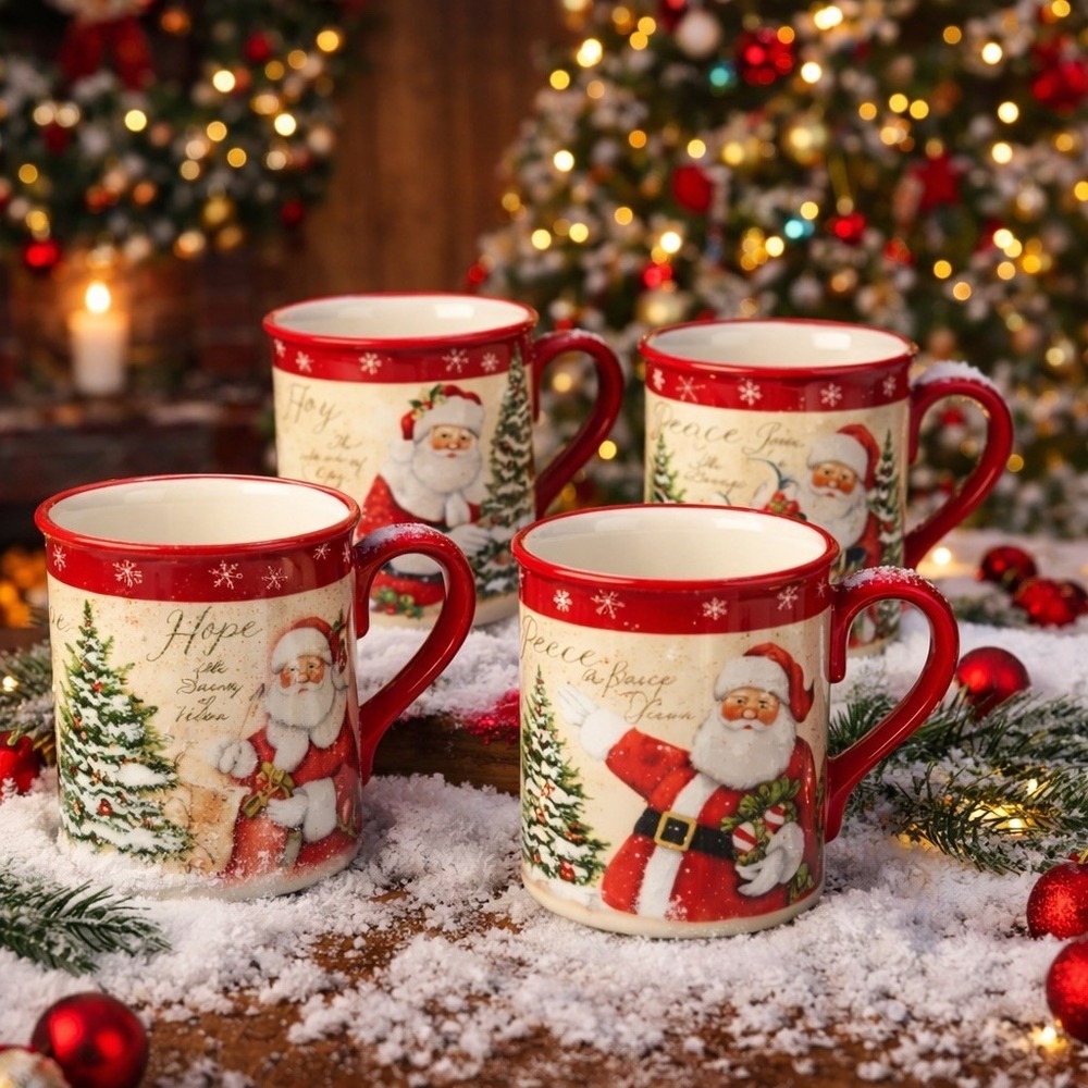 Set Of 4 Certified Int'l Susan Winget Holiday Wishes Mugs Love Hope Peace Joy